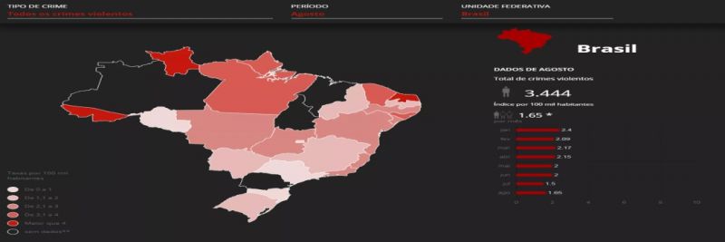 Mapa mostra as mortes em agosto no Brasil 